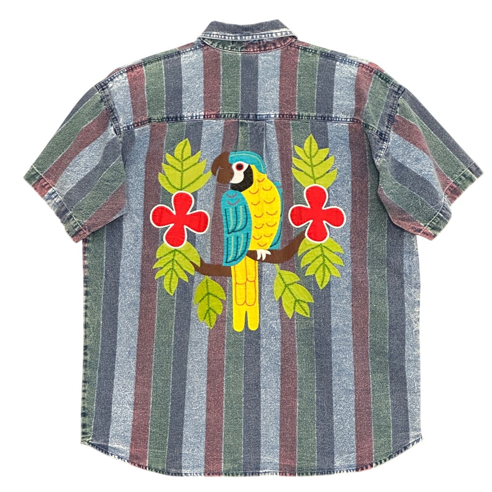 Vintage 90s Mens Shirt XL Retro Tropical Acid Wash Denim Parrot Patchwork Beach